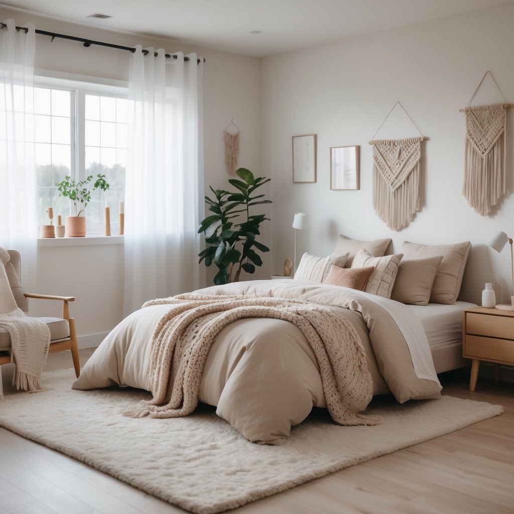 v2 11en5o aphhi A bright and inviting bedroom with a cozy bed, nightstand with lamp and plant, framed art on the walls, and natural light coming through large windows.
