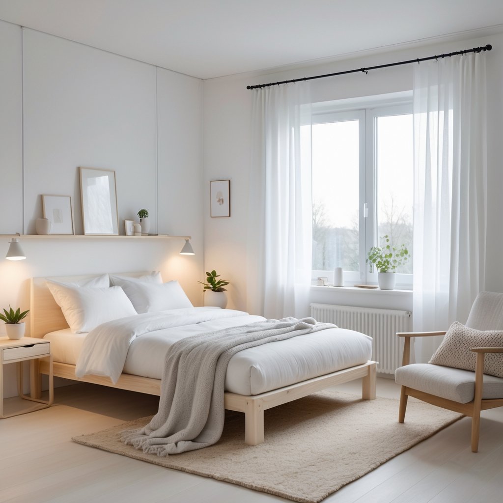 v2 11en63 7rcye A bright bedroom with a wooden bed, white linens, a nightstand with a plant and lamp, large windows with sheer curtains, and a cozy armchair in the corner.