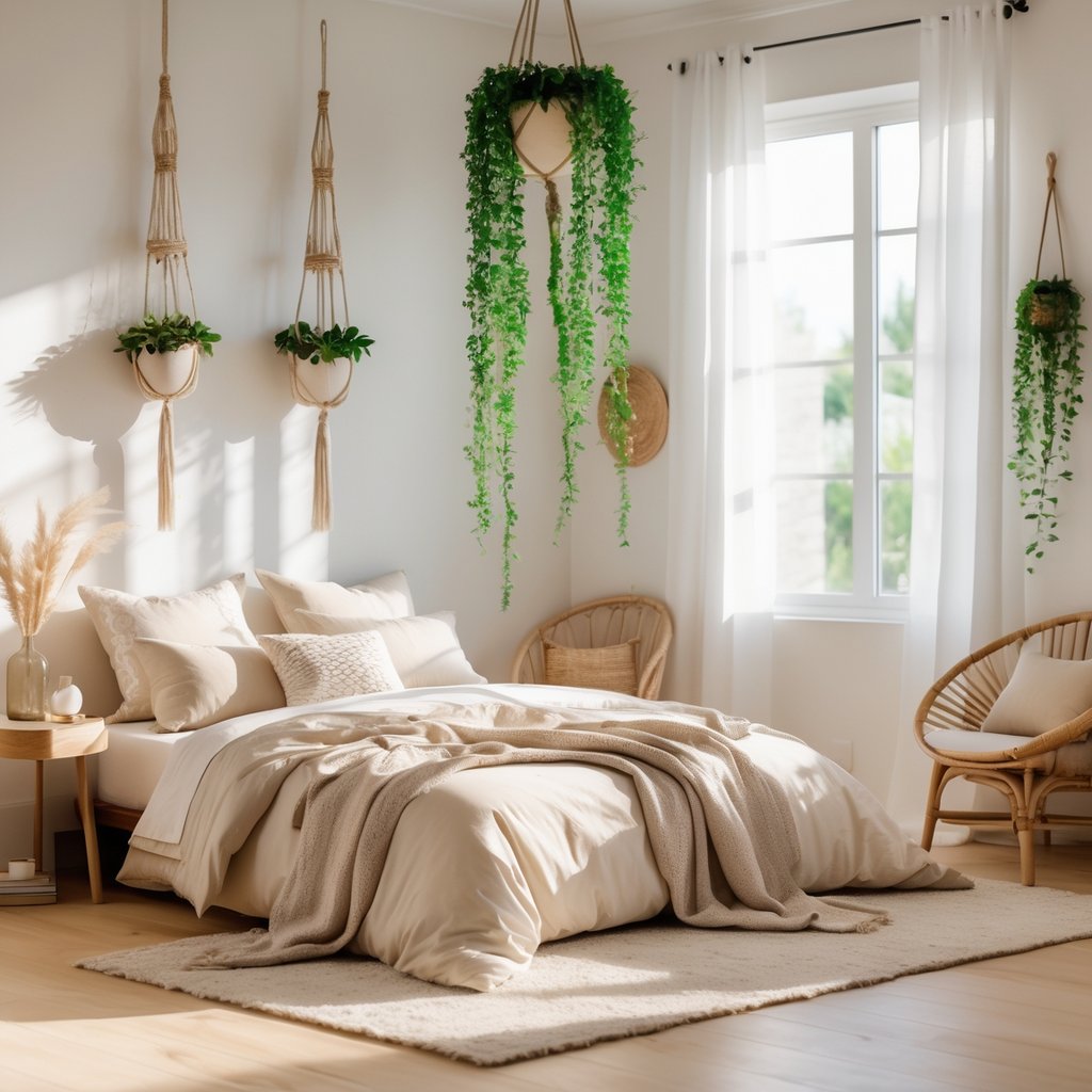 v2 11en6j yzqbs A bright bedroom with a cozy bed, hanging green plants, wooden furniture, and natural light coming through a window.