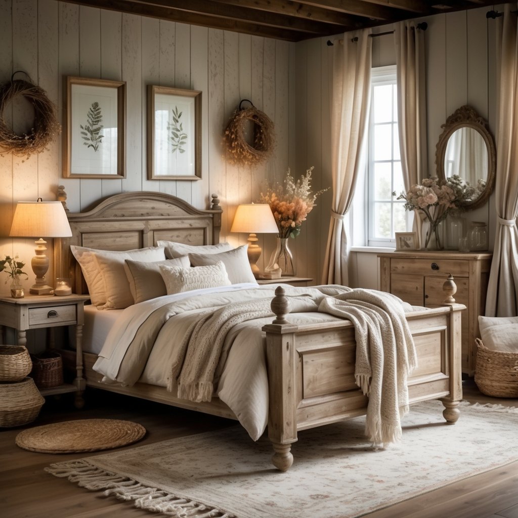 v2 11en70 zqr83 A cozy bedroom with a wooden bed, soft linens, nightstands with lamps, framed wall art, and natural light coming through curtains.