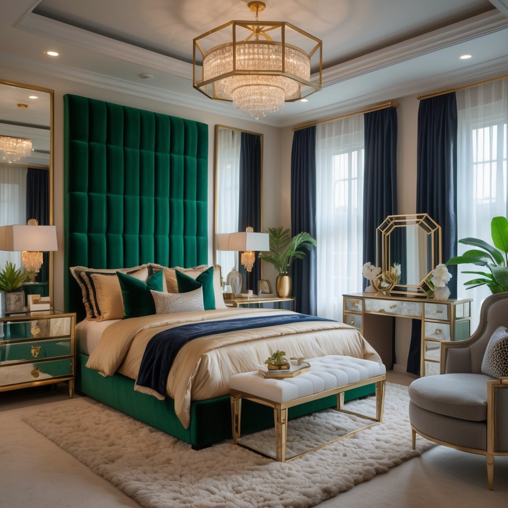 v2 11en7j 3c6md A luxurious bedroom with a tufted green velvet bed, gold accents, mirrored furniture, a crystal chandelier, and elegant drapery.