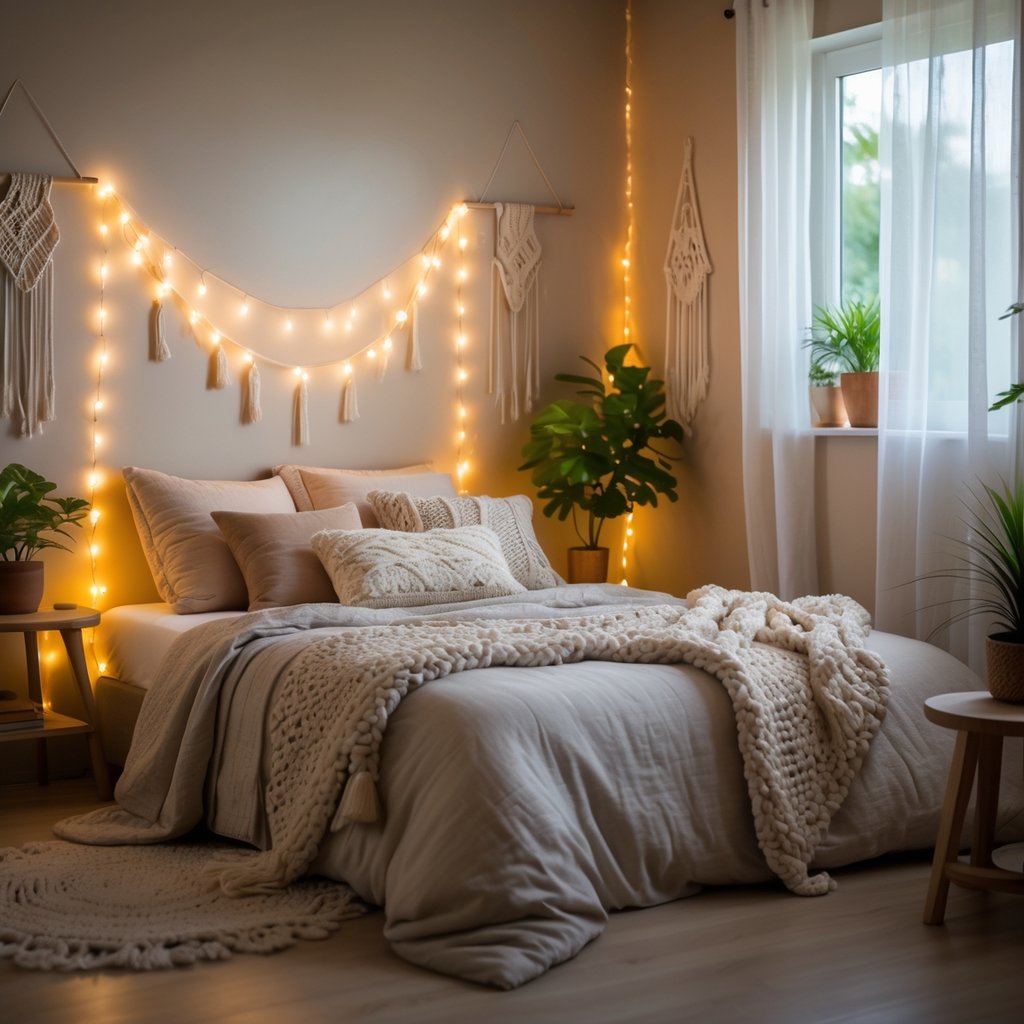 v2 11en81 7livt A cozy bedroom with a bed, fairy lights, plants, and wooden furniture softly lit by natural light.