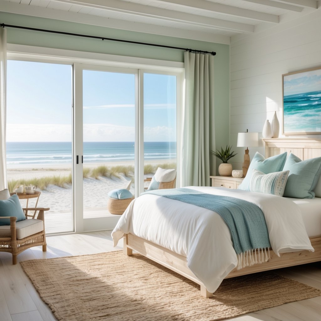 v2 11en8g 62bak A bright bedroom with a large window showing an ocean view, a king-sized bed with white linens and blue pillows, a wooden nightstand with a plant and lamp, and coastal decor elements.