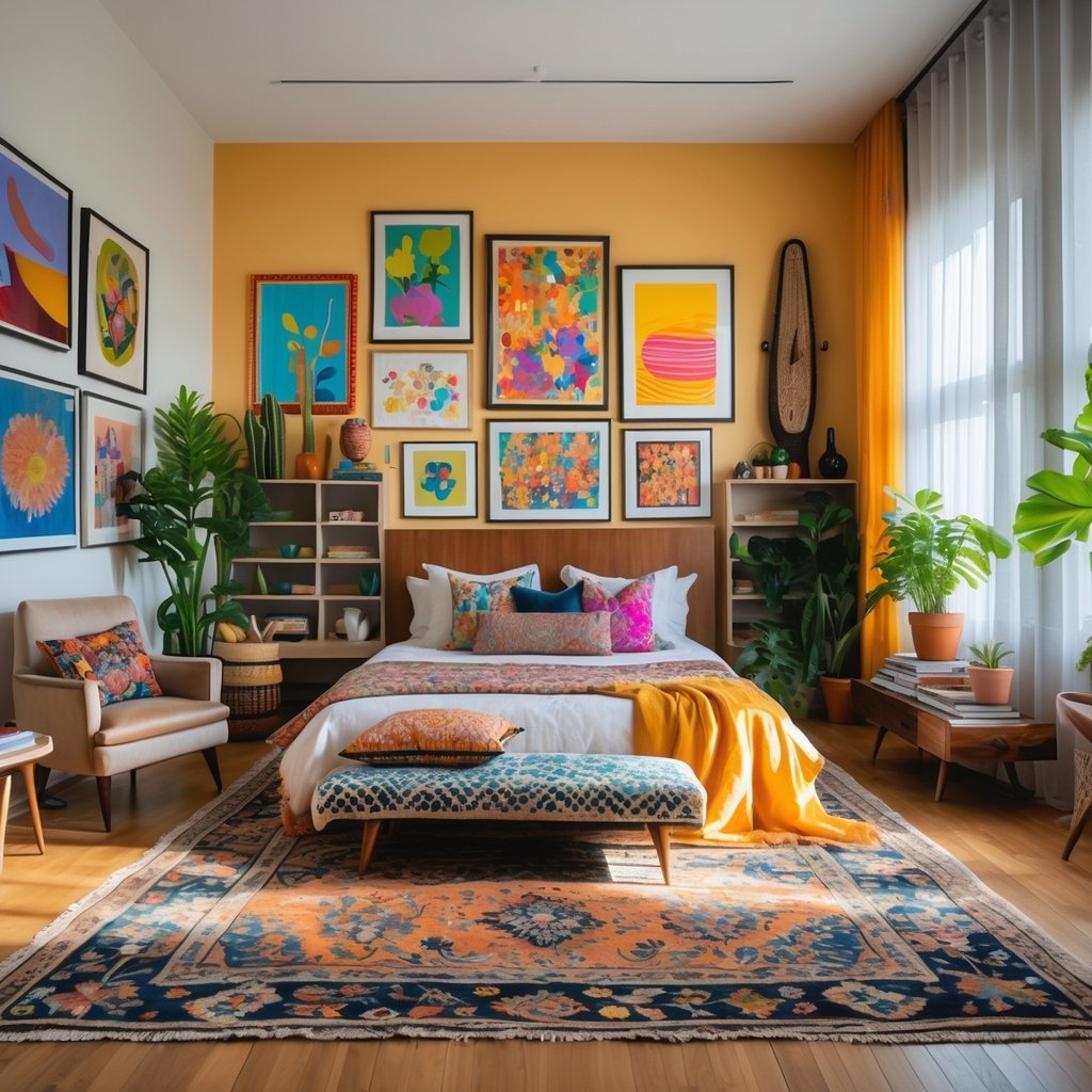 v2 11en8w 7qtfo A bright bedroom with a large bed, colorful artwork on the walls, various furniture pieces, plants, and natural light coming through the windows.