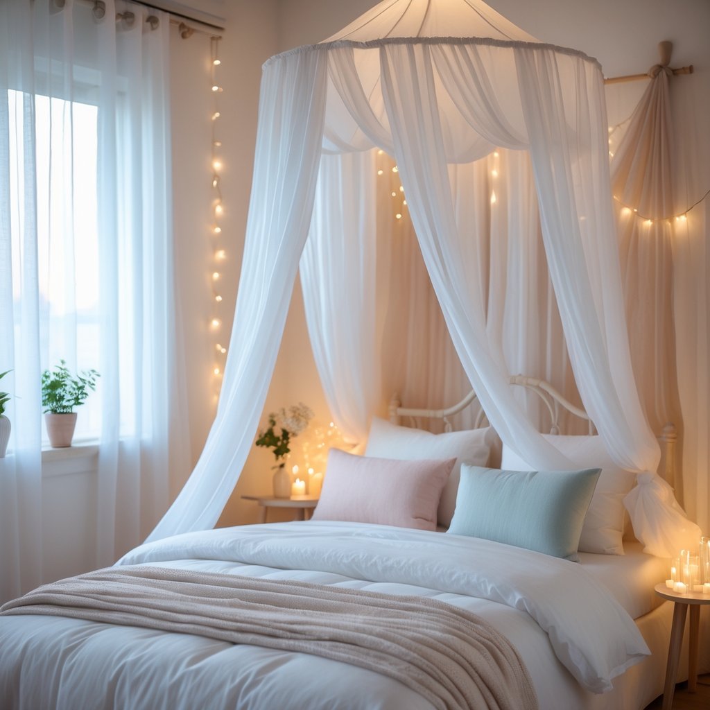 v2 11en9d s4qk9 A cozy bedroom with a bed draped in a sheer white canopy, soft pillows, warm natural light, and minimalist wooden furniture.