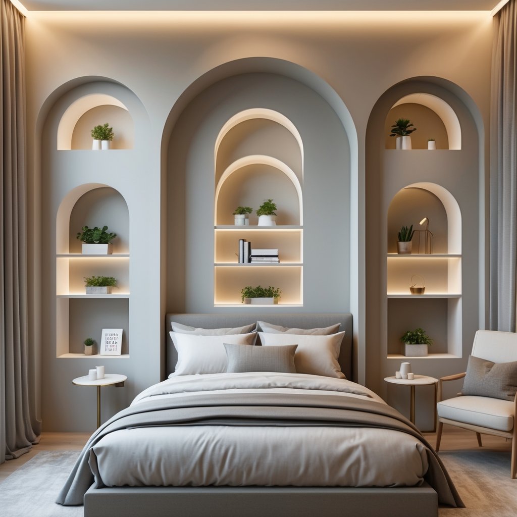 v2 11en9u fyc0e A bedroom with arched wall niches decorated with plants and objects, featuring a neatly made bed and soft lighting.