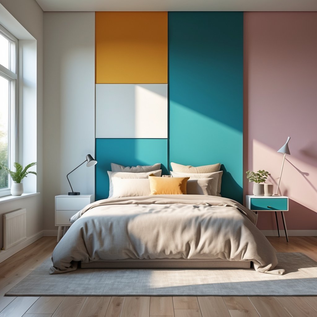 v2 11enaa tw0lt A neatly arranged bedroom with a bed against a wall painted in large blocks of different colors, featuring natural light and simple furniture.