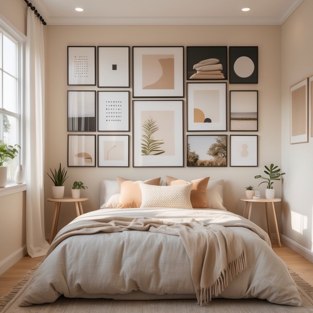 v2 11enb5 A bedroom with a bed under a wall covered by thirteen framed pictures arranged in a collage, with soft natural light and simple decor.