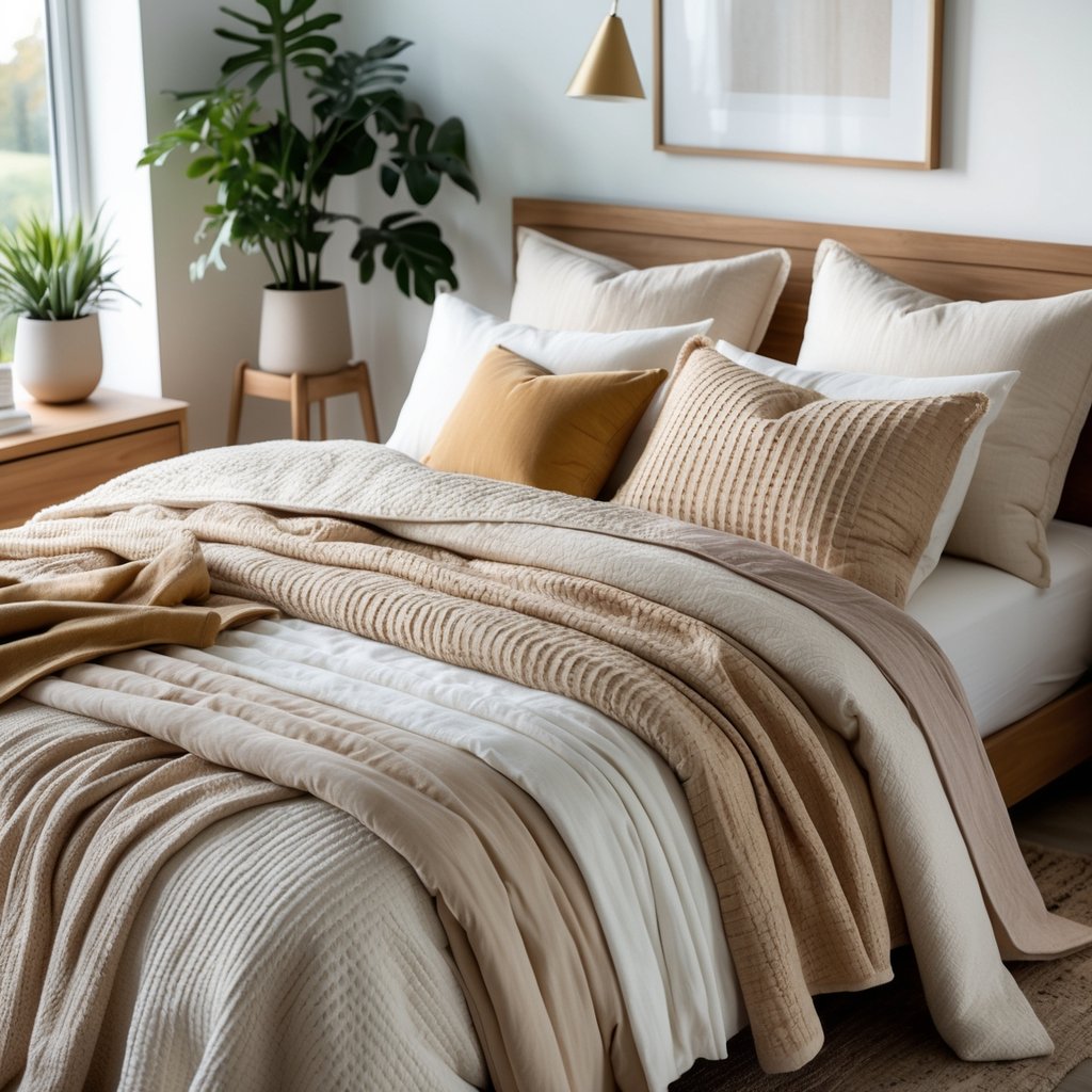 v2 11enbo ca6ur A neatly made bed with multiple textured blankets and pillows in a bright bedroom with natural light and simple furniture.