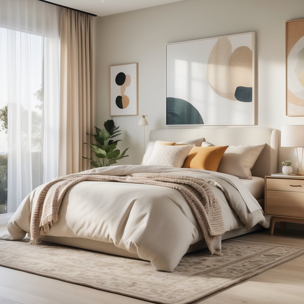 v2 11enc5 6insl A neatly arranged bedroom with a made bed, natural light from windows, a nightstand with a lamp, and decorative plants.