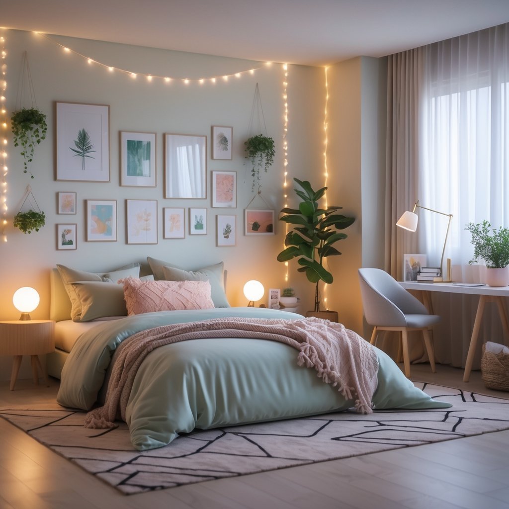 v2 11encq ep1gb A cozy bedroom with a neatly made bed, bedside tables with lamps, wall art, plants, and a small desk by a window letting in natural light.