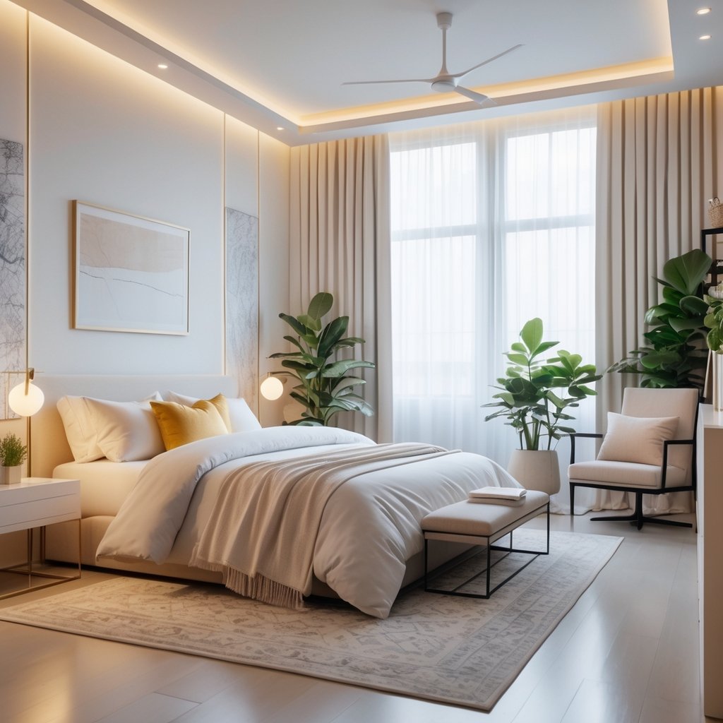 v2 11end9 sm7bp A well-decorated bedroom with a bed, plants, artwork, and natural light coming through large windows.