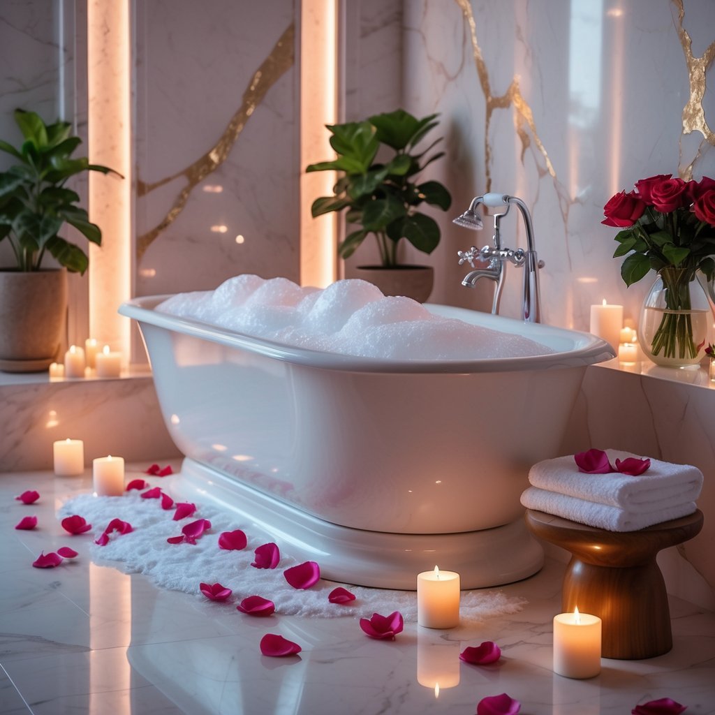 v2 11enk2 qbb1l A bathroom with a freestanding bathtub surrounded by candles, rose petals, and plants creating a romantic atmosphere.