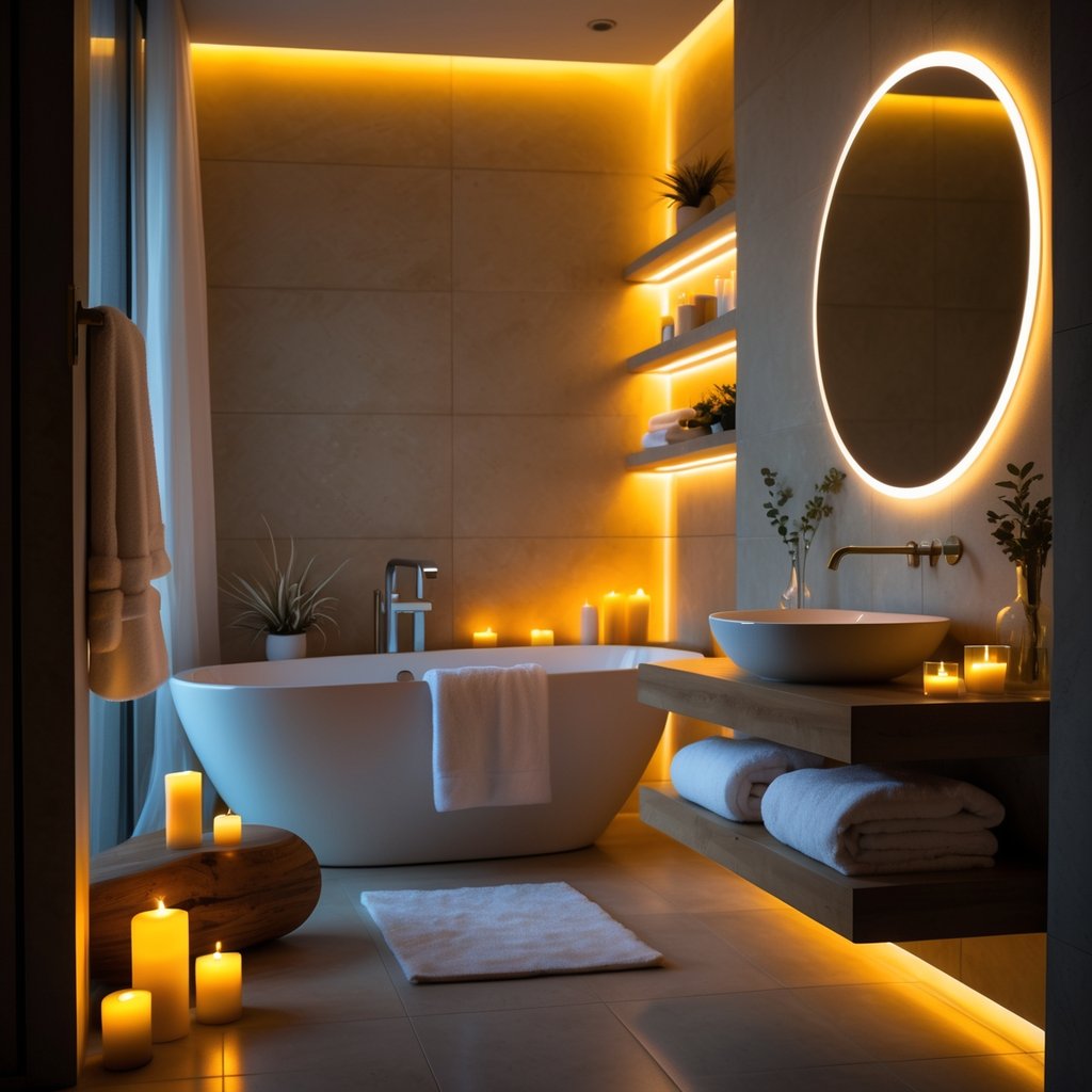 v2 11enki bzjjl A bathroom with a freestanding bathtub softly illuminated by warm LED lights and candles, creating a cozy and intimate atmosphere.
