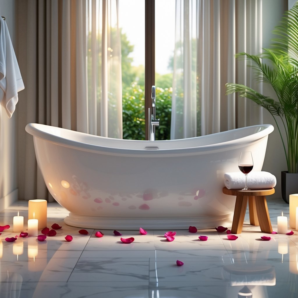 v2 11enkz ocze7 A bathroom with a freestanding soaking tub surrounded by candles, rose petals, and soft natural light.