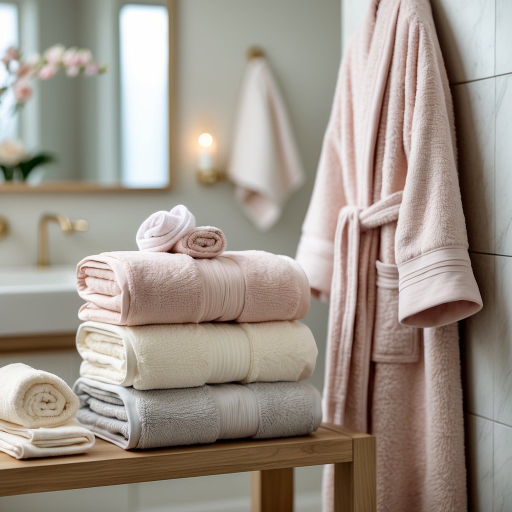 v2 11enlf A bathroom with plush towels and robes in neutral and pastel colors arranged neatly on shelves and hooks.