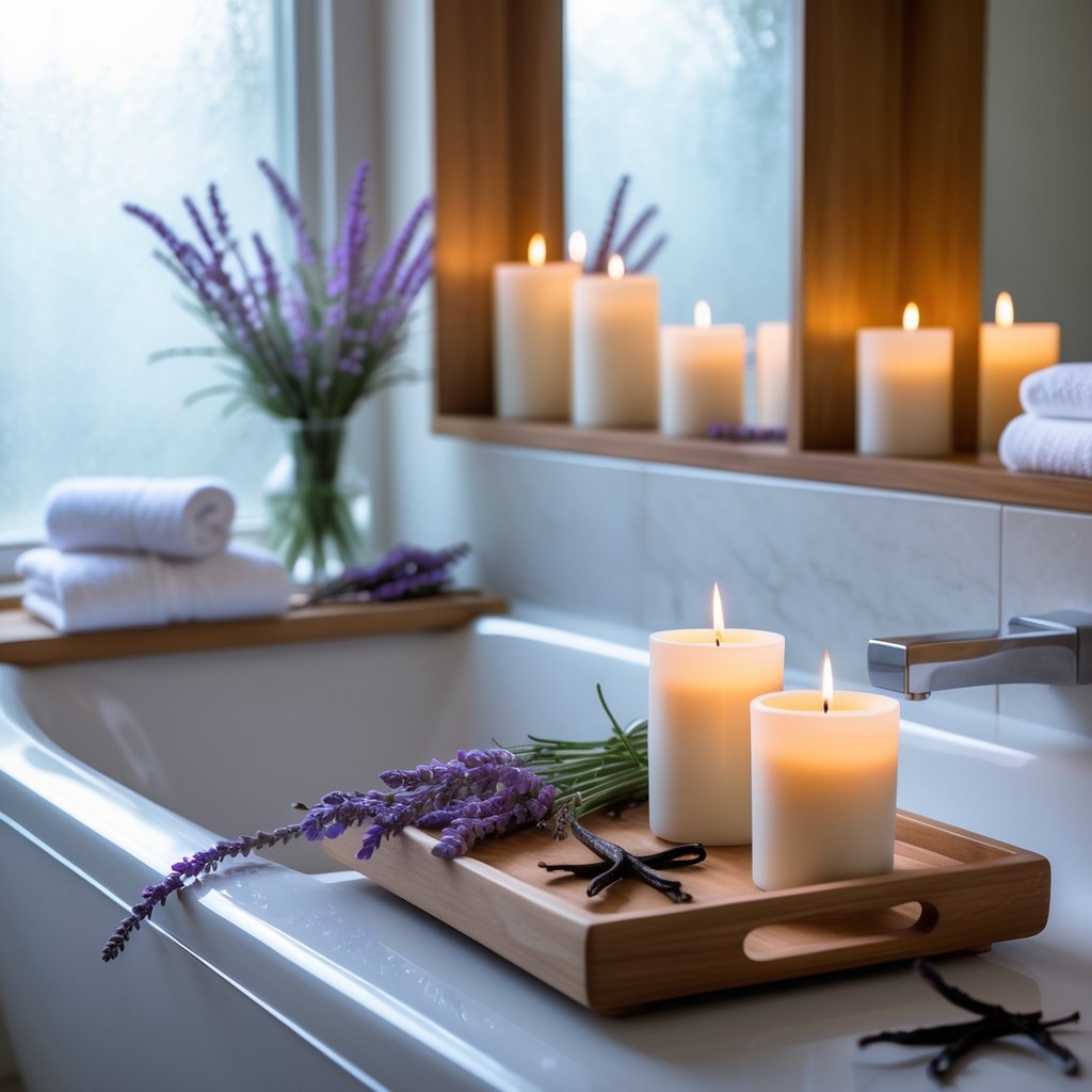 v2 11enlu 2f4mg A romantic bathroom with a bathtub surrounded by lit scented candles and soft towels.