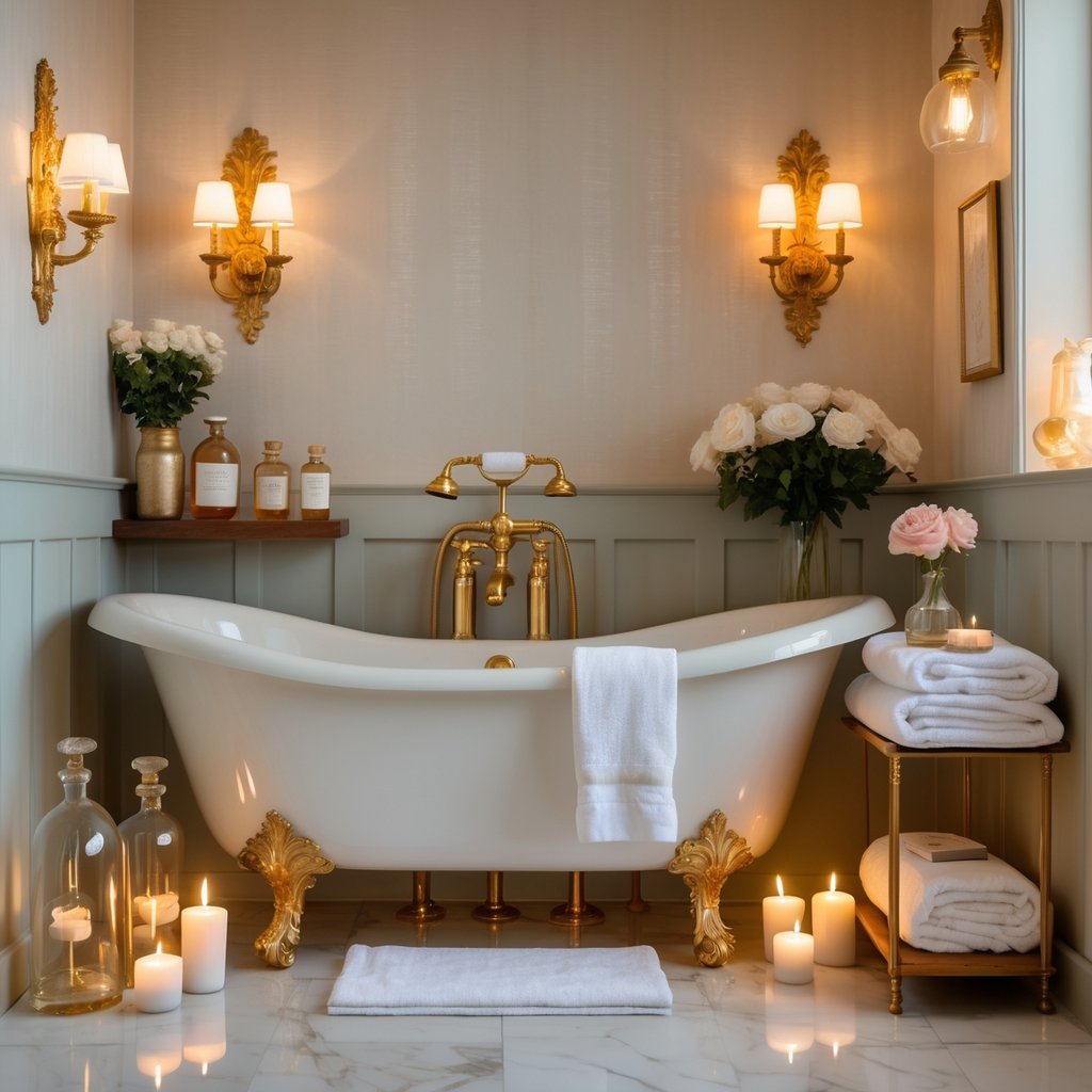 v2 11enm8 n3drl A bathroom with a freestanding bathtub, brass fixtures, warm lighting, candles, fresh flowers, and marble flooring.