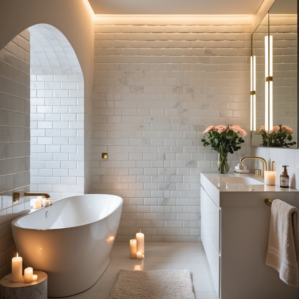v2 11enmp A bathroom with a freestanding bathtub, textured marble and subway tile walls, soft lighting, and decorative candles and flowers.