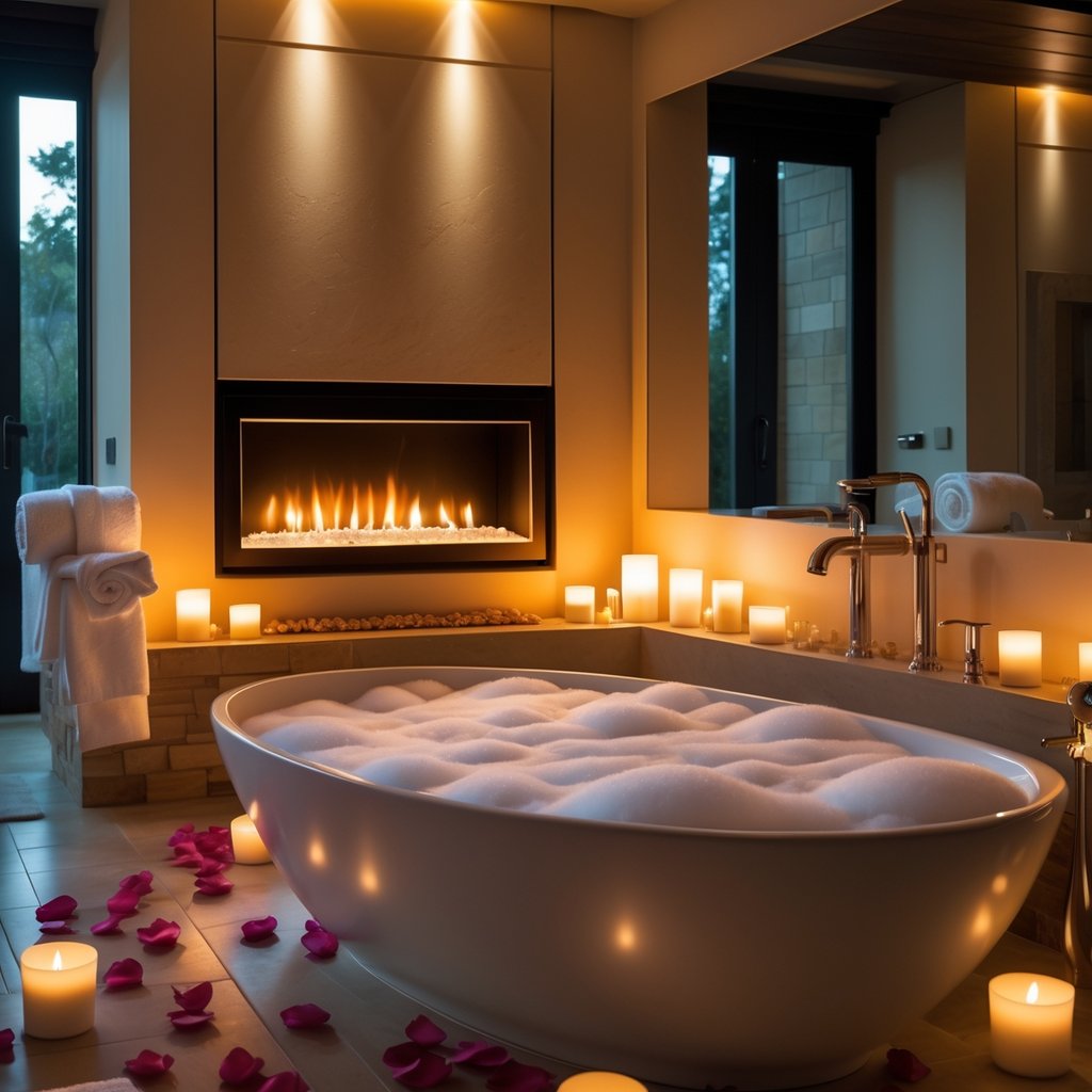 v2 11enn5 56j75 A bathroom with a freestanding bathtub, a modern fireplace or electric heater, soft candlelight, and rose petals creating a warm and inviting atmosphere.