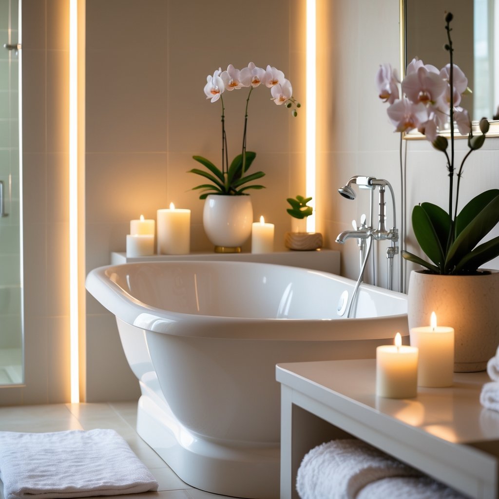 v2 11enni h8ndr A romantic bathroom with a white bathtub, candles, and a small indoor plant or orchid on a shelf.