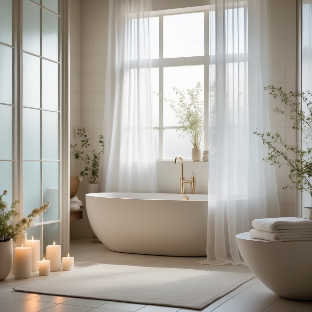 v2 11ennw ld4yh A bright bathroom with a freestanding bathtub, sheer white curtains, frosted glass panels, and soft natural light creating a peaceful atmosphere.