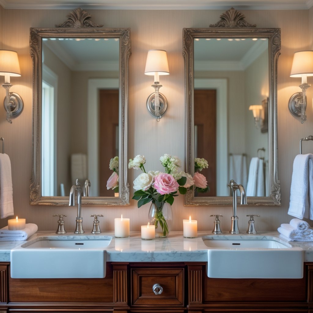 v2 11eno8 ms4kf A bathroom with a double vanity, two mirrors, sinks, and decorative items like flowers and candles.