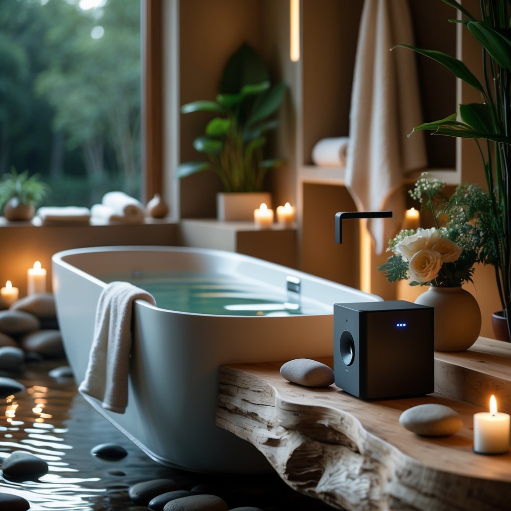 v2 11enon zww4t A bathroom with a freestanding bathtub, soft candlelight, plants, and a small sound system on a shelf.