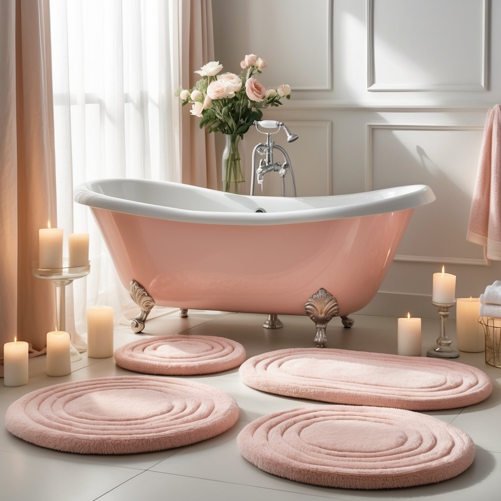 v2 11enp0 A bathroom with a freestanding bathtub surrounded by thick, soft bath mats and rugs, decorated with flowers and candles.
