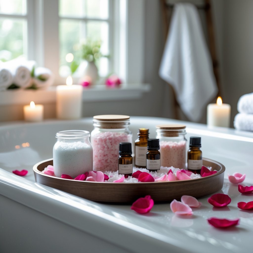 v2 11enpf v0edq A tray on the edge of a bathtub holding bath salts, essential oils, and rose petals in a bathroom.