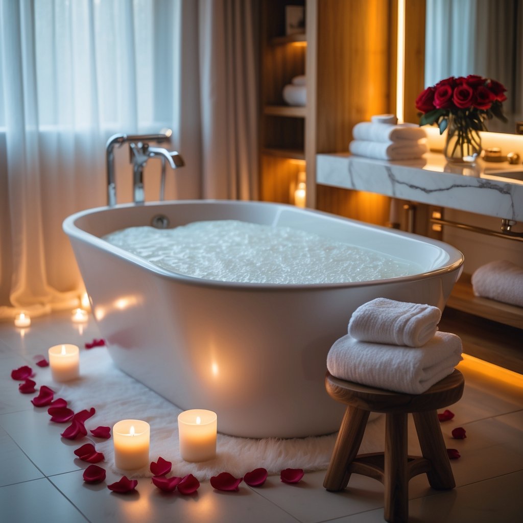v2 11enpt A romantic bathroom with a bubble-filled bathtub, candles, rose petals, towels, and soft natural light coming through a window.