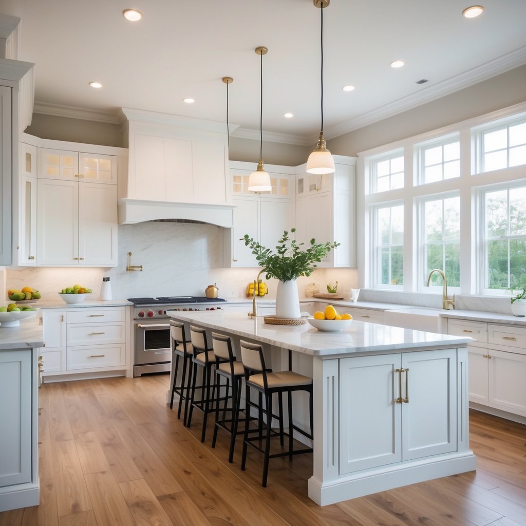 v2 11eo1p A bright kitchen with white cabinets, a marble island, stainless steel appliances, wooden floors, and pendant lights over the island.