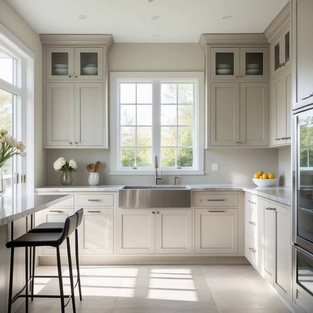 v2 11eo22 A bright kitchen with recessed-panel cabinets, a kitchen island, and stainless steel appliances.