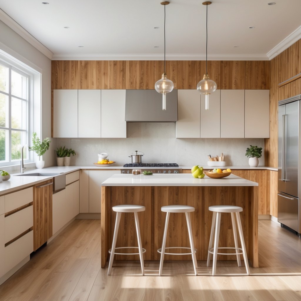 v2 11eo2g 19fi5 A bright kitchen with a mix of painted and natural wood cabinets, a kitchen island with stools, and stainless steel appliances.