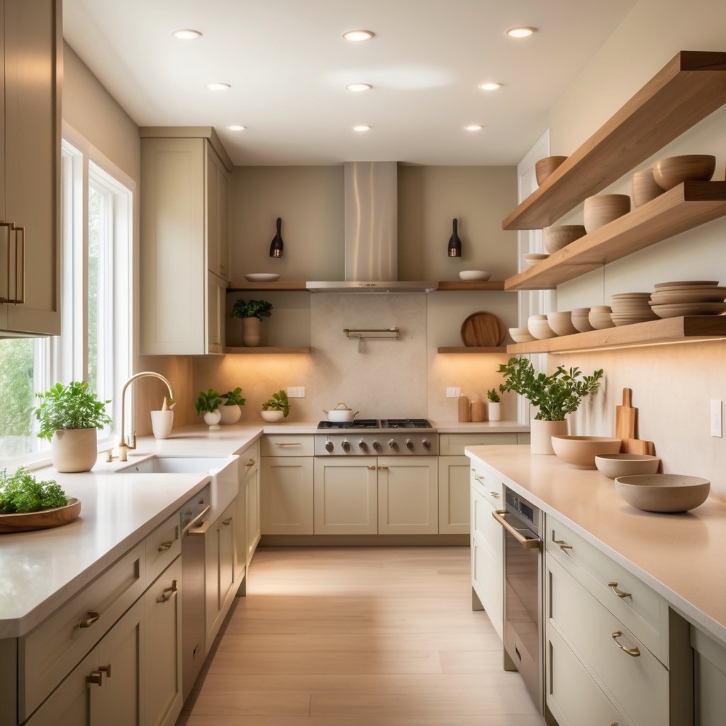 v2 11eo2v 09yyk A bright kitchen with neutral colors, warm wood accents, a large island, and stainless steel appliances.