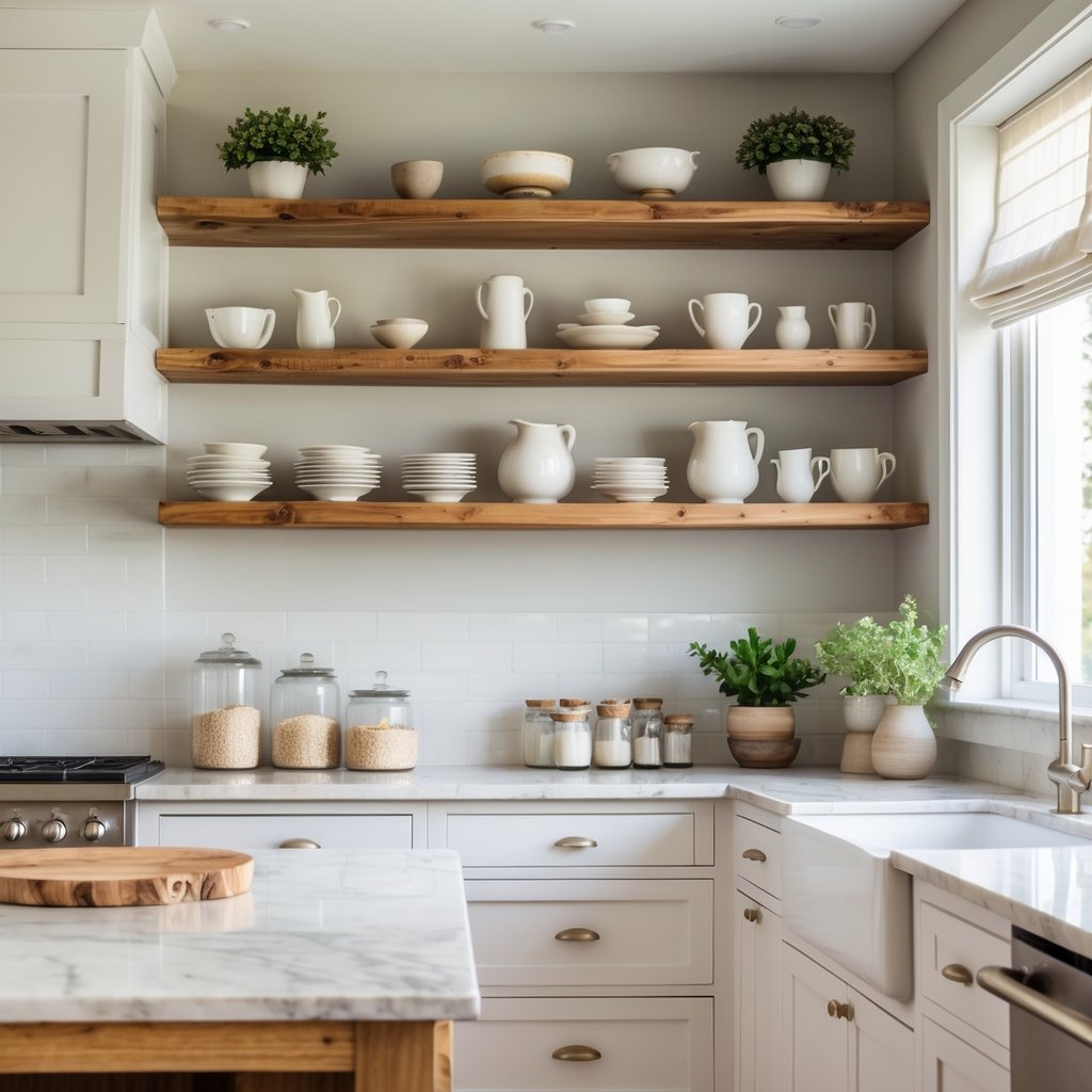 v2 11eo3c z6yhf A bright kitchen with open wooden shelves holding dishes, jars, and plants above a marble countertop.