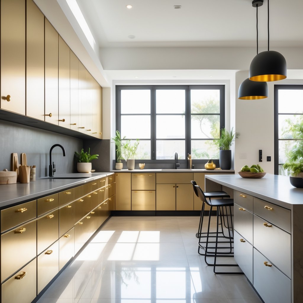 v2 11eo3r 4jfhl A bright kitchen with cabinets featuring brass and matte black handles, a stone countertop, kitchen island with stools, and large windows letting in natural light.