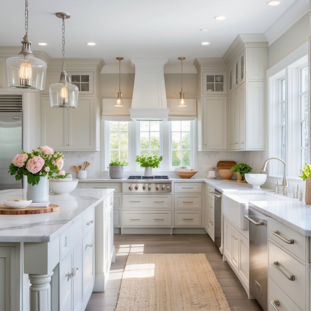 v2 11eo49 vyeaq A bright kitchen with white quartz or marble countertops, an island with bar stools, cabinetry, and stainless steel appliances.