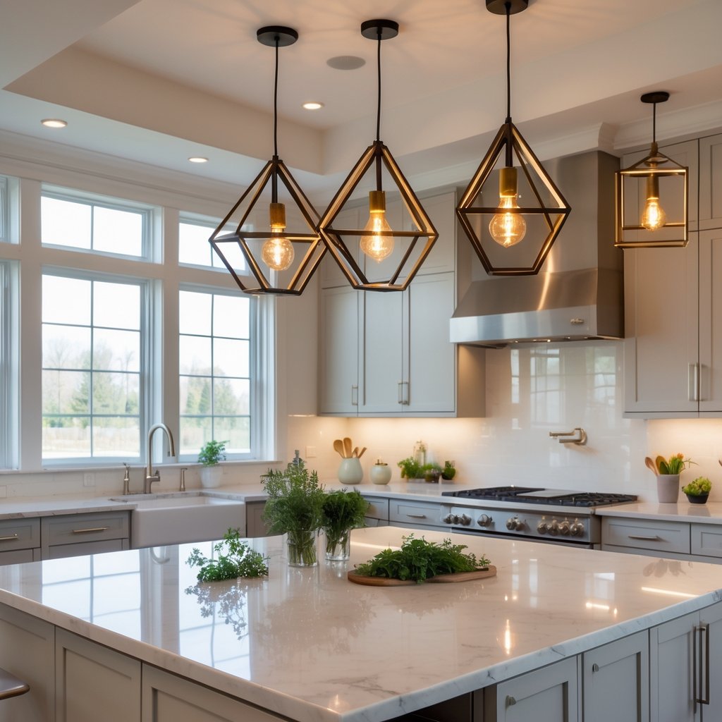 v2 11eo52 s12cg A modern kitchen with a large island and bold pendant lights hanging above it, featuring stainless steel appliances and natural light coming through windows.