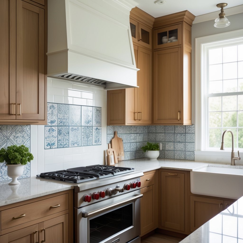 v2 11eo5g w20qg Bright kitchen with a mix of two different backsplash tile designs, wooden cabinets, and stainless steel appliances.