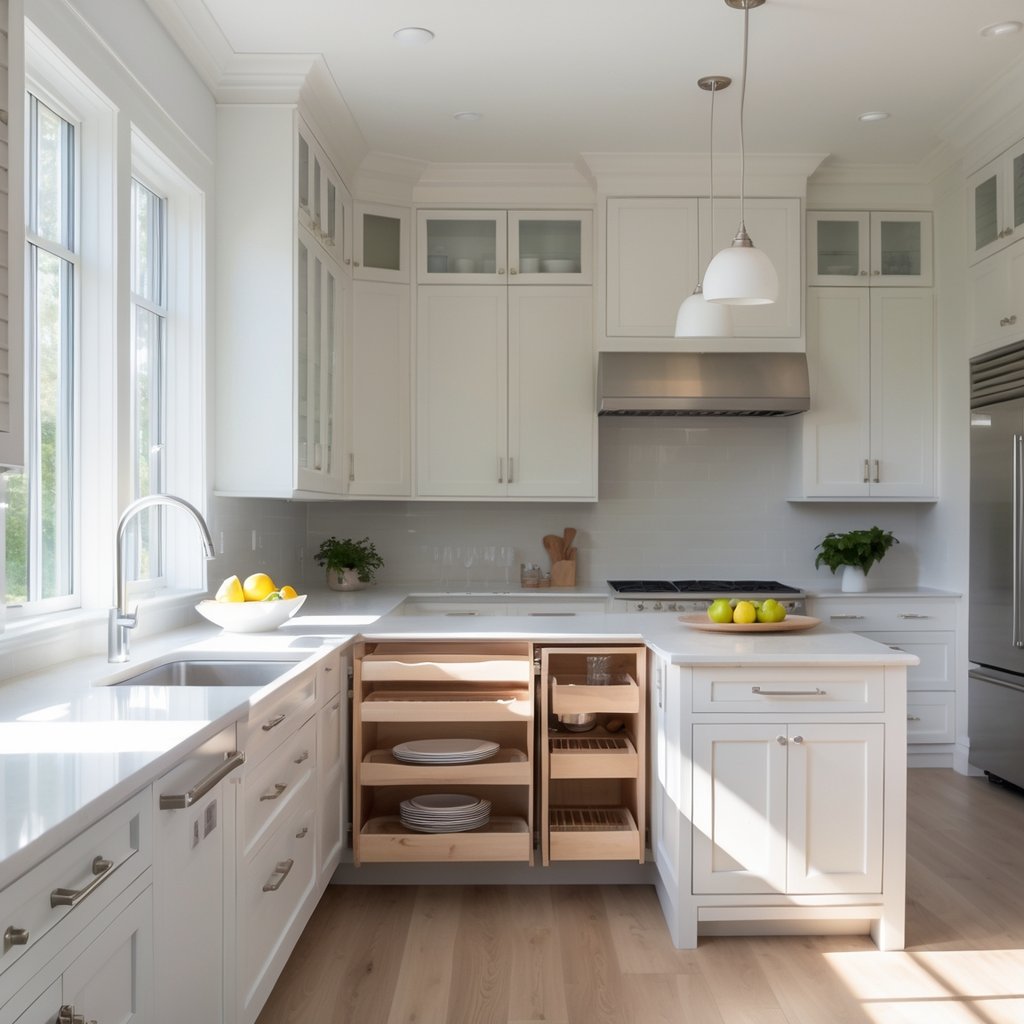 v2 11eo5t jqob7 A bright kitchen with built-in storage, clear countertops, and a central island, featuring a mix of traditional and modern design elements.