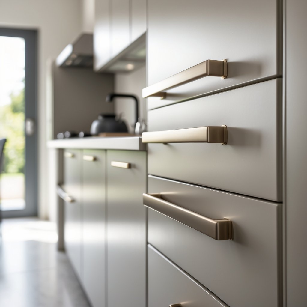 v2 11eo67 Close-up of kitchen cabinets with simple handles and knobs in a bright, modern kitchen.