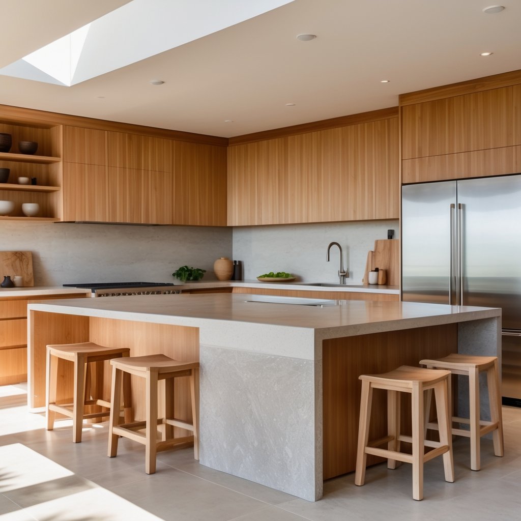 v2 11eo6j A kitchen with wooden cabinets, stone countertops, a large island, and stainless steel appliances.