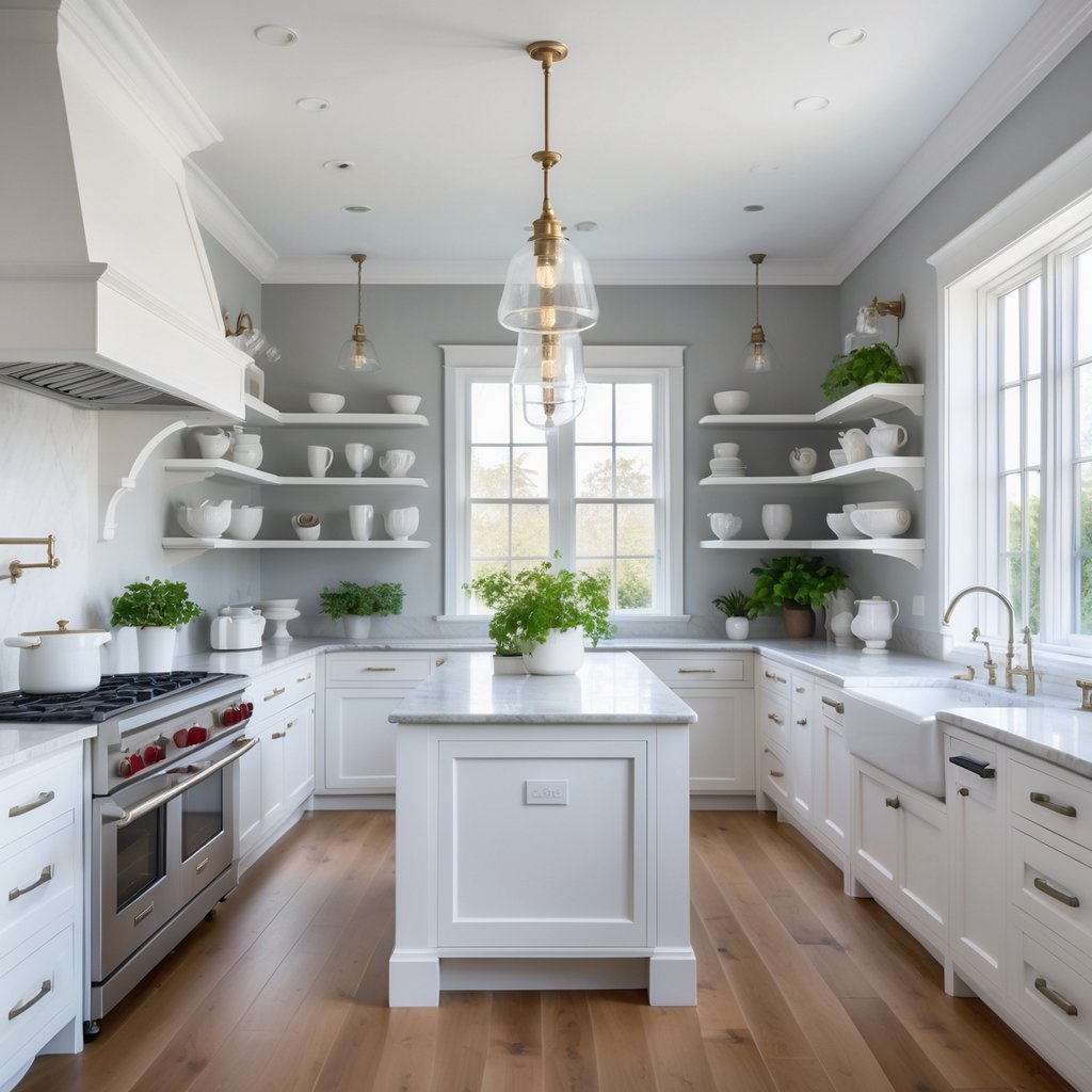 v2 11eo6w 84hwb A bright kitchen with white cabinets, a large island, stainless steel appliances, wooden floors, and pendant lights.