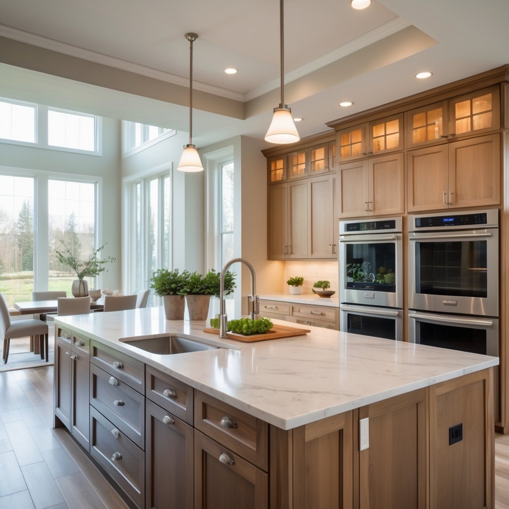 v2 11eo7i j1i7w A bright, open kitchen with a large island, modern appliances, and wood-toned cabinets connecting to a dining area.