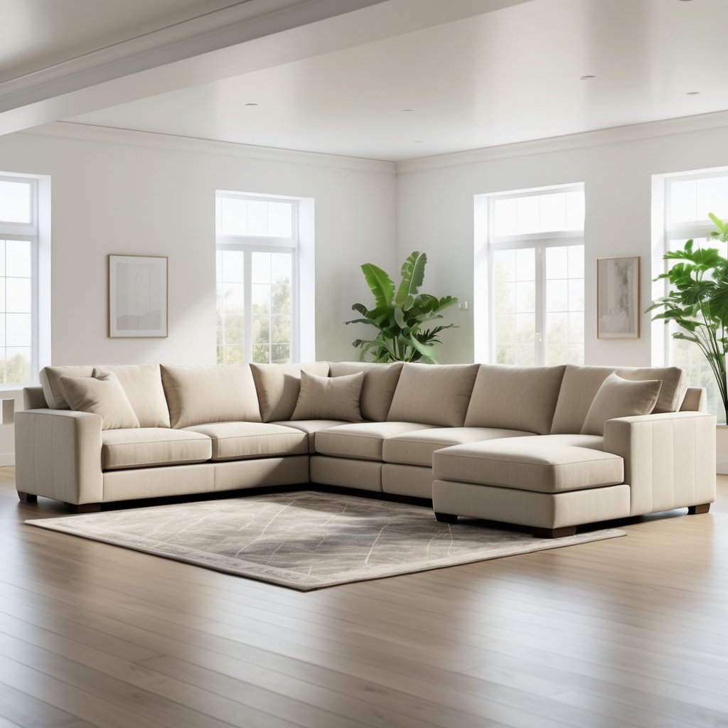 v2 11eqt0 rz2av A large sectional sofa in a bright, spacious living room with natural light and simple decor.