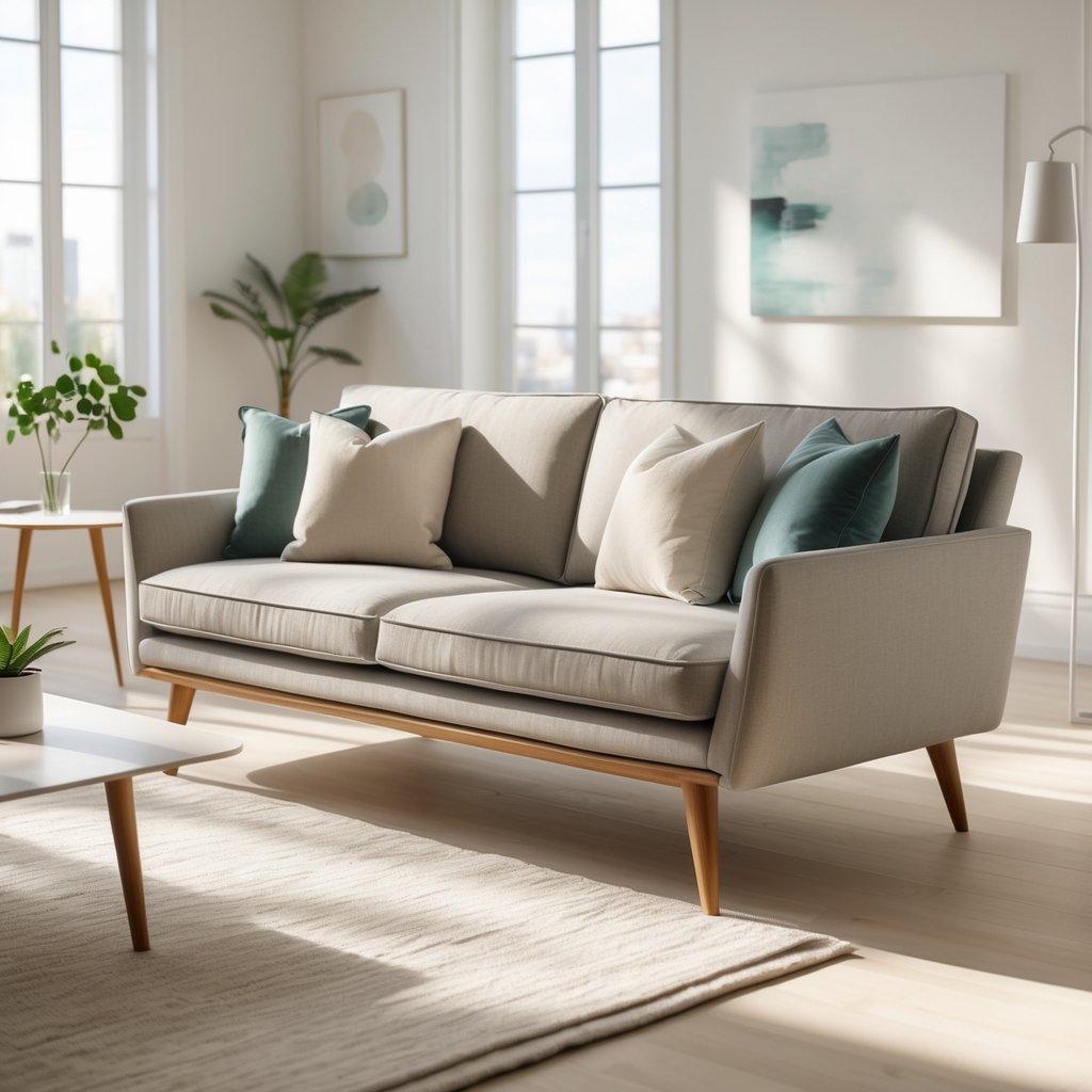 v2 11eqtd A living room with a sofa on wooden legs, a coffee table, a rug, and natural light coming through large windows.