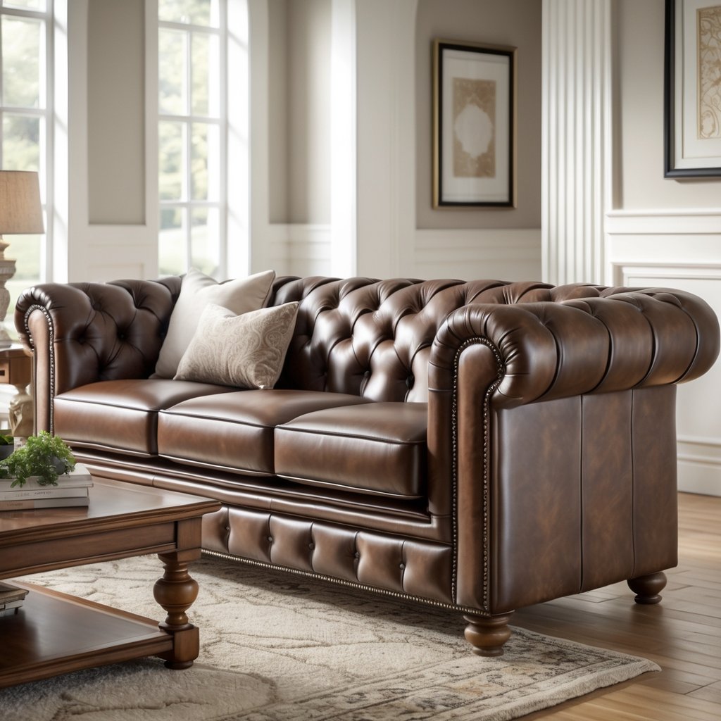 v2 11eqts vfwbu A dark brown leather sofa in a bright living room with a coffee table and decorative items.
