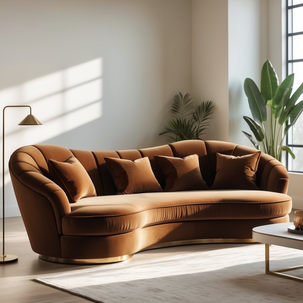 v2 11equ7 wbk5h A curved velvet sofa in a bright living room with a coffee table, floor lamp, and a potted plant.