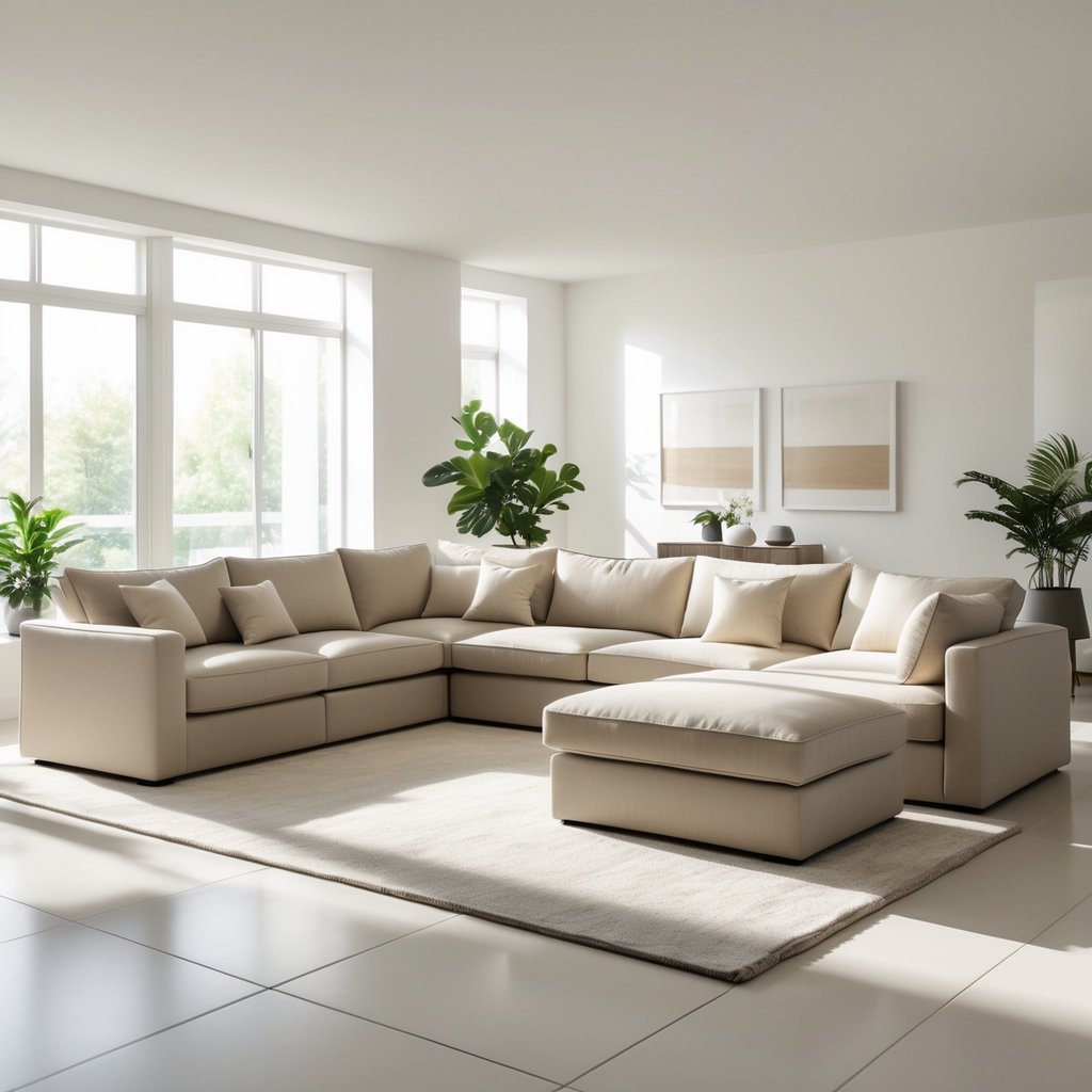 v2 11equl asbf7 A spacious living room with a large modular sofa arranged in a custom layout, bright natural light, and minimalist decor.
